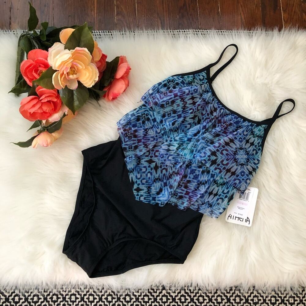 Athena Blue Mesh Ruffle One Piece Swimsuit Sheer Overlay Tummy Control NWT